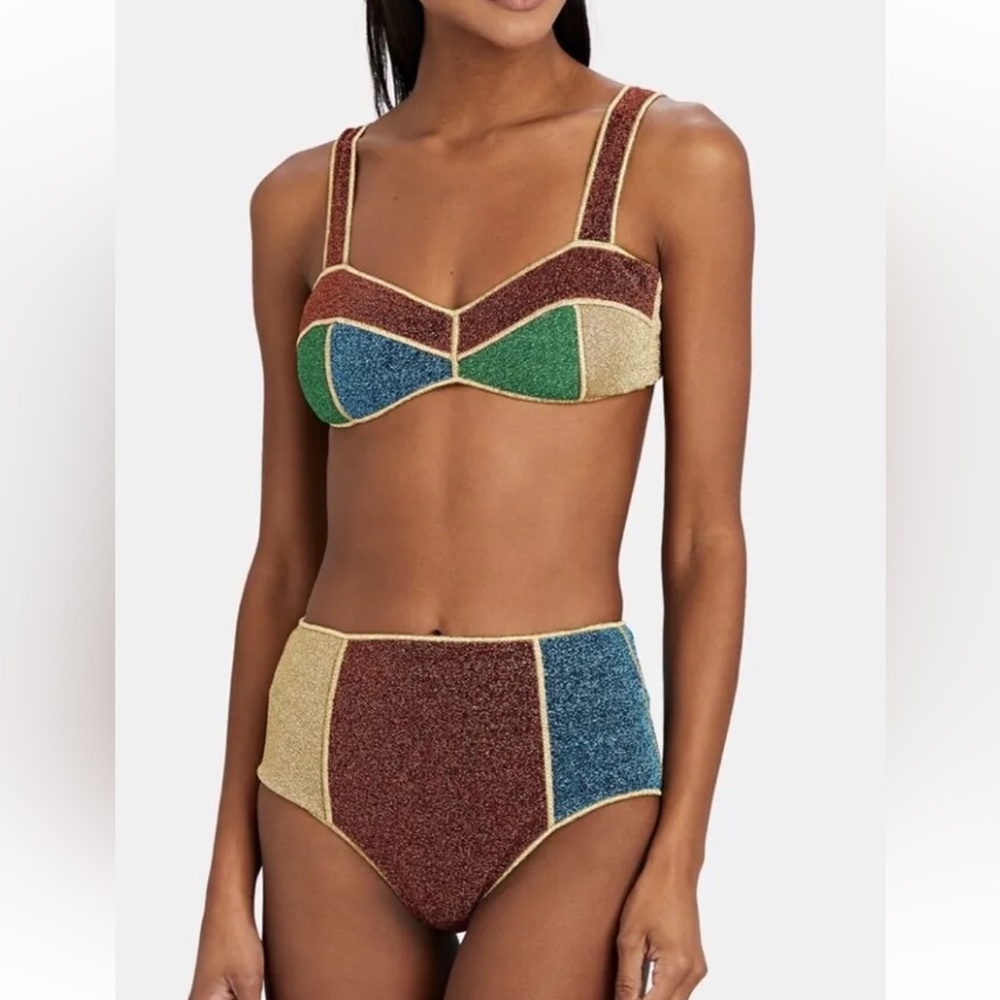 $380 Oseree Lumiere Multicolor Lurex High Waisted Bikini Swimsuit Set